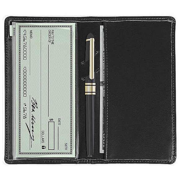 Leather Checkbook Cover for Men and Women Black - Picture 1 of 7